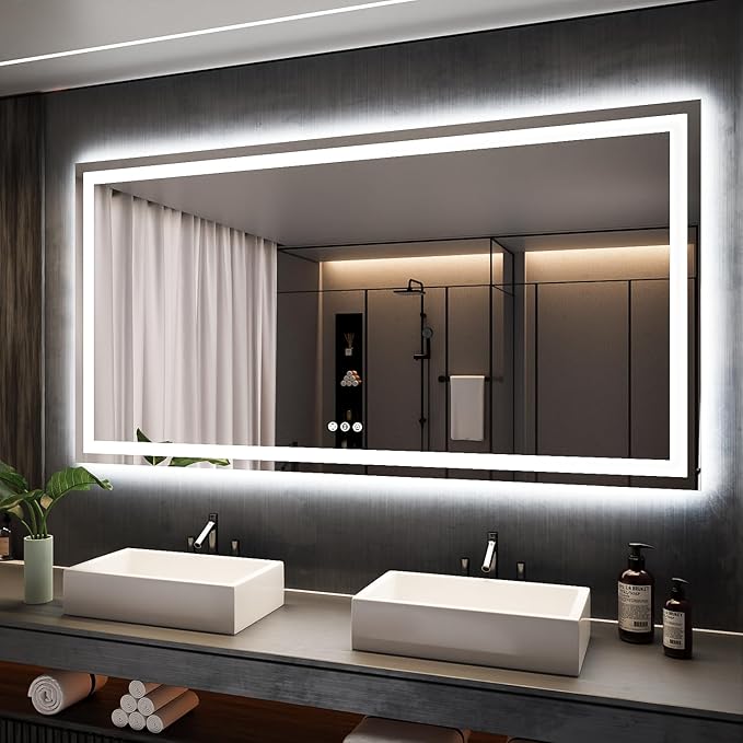ISKM 72'' x 36'' LED Mirror for Bathroom Lighted Vanity Mirror for Wall Front Lights + Backlit LED Bathroom Mirror Anti-Fog Tempered Glass ETL Listed