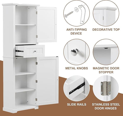 Favfurish Tall Bathroom Storage Cabinet with Doors and Drawer,Modern Linen Cabinets w/Adjustable Shelf & Anti-Toppling Device,Freestanding Narrow Cabinet for Bathrooms,Living Room, Entryway,White