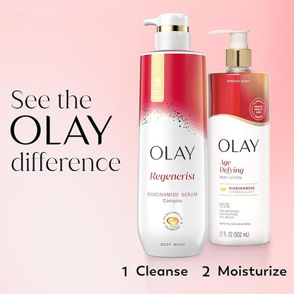 Olay Body Lotion for Women, Age Defying with Niacinamide Serum, Visibly Reduce Signs of Skin Aging, 24hr Moisture & Hydration, Fast Absorbing Formula, Vitamin B3 Complex, For All Skin Types, 17 fl oz