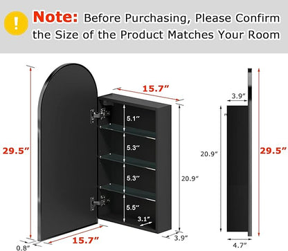 FKWin Arched Medicine Cabinet with Mirror,Bathroom Mirror with Storage,Aluminum Alloy Bathroom Cabinet,Modern Wall Mounted Medicine Cabinet with 3 Adjustable Shelves,Not Recessed, 29.5"x15.7",Black