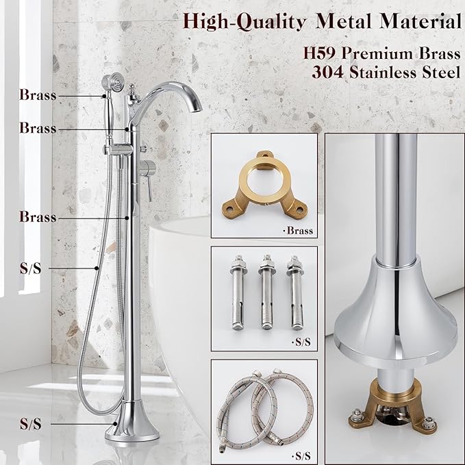 Free Standing Tub Faucet, Classic Freestanding Bathtub Faucet with Vintage Hand Shower Brass High Flow Rate Floor Mount Tub Filler Swivel Spout Soaker Tub Faucets Polished Chrome (WT-9002CP)