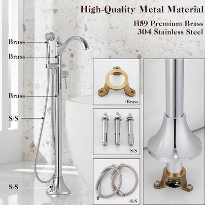 Free Standing Tub Faucet, Classic Freestanding Bathtub Faucet with Vintage Hand Shower Brass High Flow Rate Floor Mount Tub Filler Swivel Spout Soaker Tub Faucets Polished Chrome (WT-9002CP)