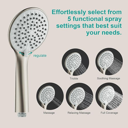 Shower Slide Bar Handheld Shower Head with Hose, 5-Function Hand Shower with Wall Mount，shower slide bar,adjustable height shower head (A-round, Brushed Nickel)