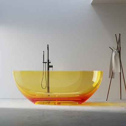 Solid Surface Freestanding Bathtub 61", Modern Oval Shape Soaking Tub, Stone Resin Stand Alone Bathtub with Drain & Integrated Slotted Overflow Transparent Orange AMFS303-1550-Orange
