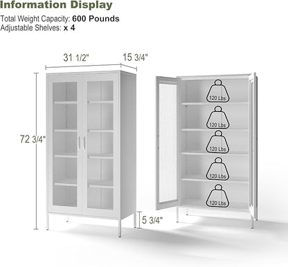 COFaR Modern Mesh Storage Cabinet, Free Standing Tall Pantry, Cupboard Metal Display Cabinet for Living Room, Kitchen, Dining Room