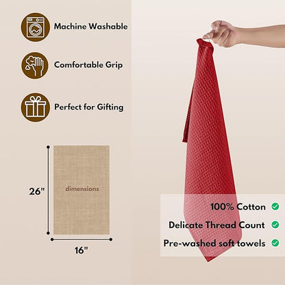 Native Fab Cotton Kitchen Towel with Hanging Loop 16x26 inches, 4-Pack, Waffle Weave Kitchen Towels for Cleaning Drying, Washcloths Soft & Absorbent Cloth Rags, Bar Towel, Dish Cloth, Red