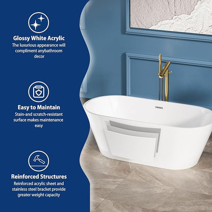 Sarlai 63 Inch Acrylic Freestanding Soaking Bathtub Contemporary Soaking White Tub Stand Alone Ergonomic Bathtub with Chrome Drain and Overflow