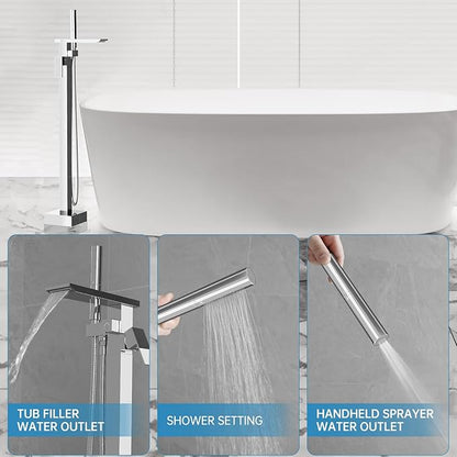 RUMOSE Polished Chrome Bathtub Filler Freestanding Tub Filler Floor Mount Tub Faucet Waterfall Bathtub Faucet with CUPC Certified High Flow Brass Bath Shower Faucets with Handheld Sprayer