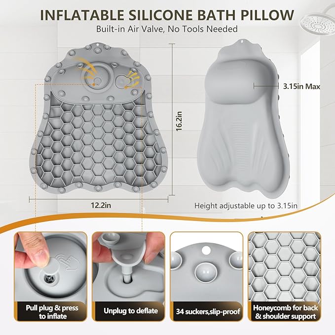 Inflatable Bath Pillows for Tub - Adjustable Firmness Silicone Bathtub Pillow for Neck-Relaxing & Epsom Salt Soaking, Bath Pillow for Head & Back Support Cushion, Spa Gifts for Women, Parent (Gray)