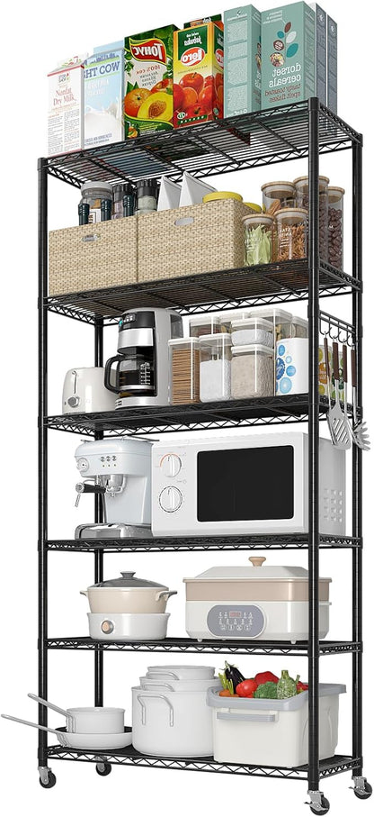 6 Tier Storage Racks Shelving, Heavy Steel Pantry Shelves, Adjustable Wire Shelving Rack with Wheels, Suitable for Garage, Kitchen, Bathroom, Office, 35" W x 16" D x 73" H, Black
