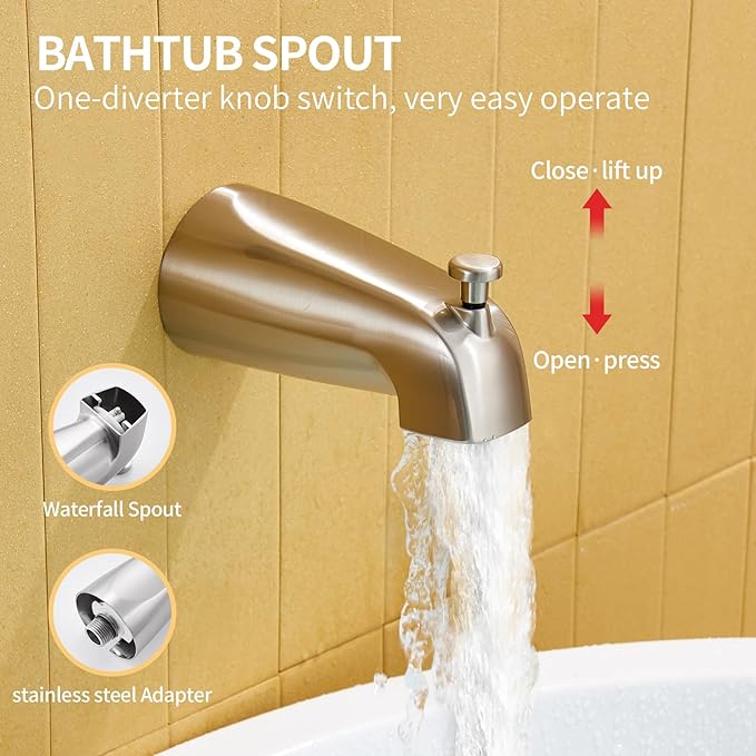 KINSE Tub Shower Faucet Set, 5-Inch Rain Shower Head and Tub Spout Single-Handle with valve kit included, and shower trim kit, Brushed Nickel shower head set