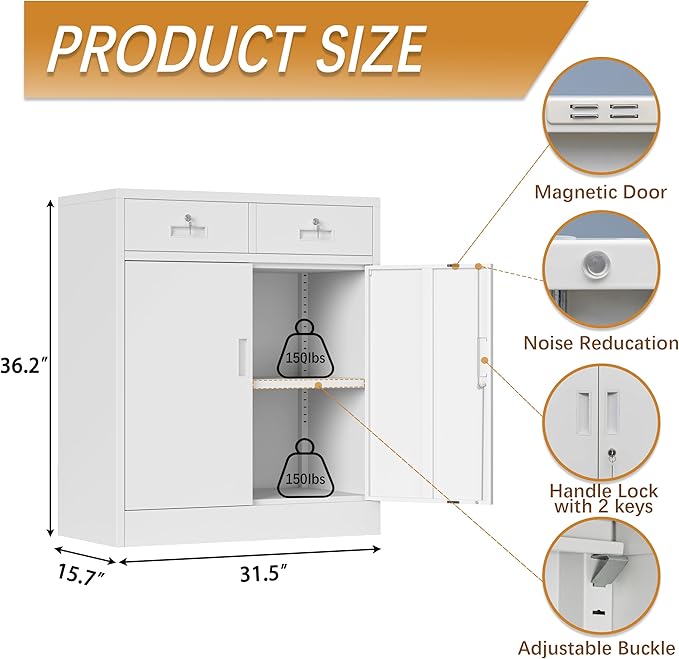 Metal Storage Cabinet, 36 Inch Tall Metal Storage Cabinet with Doors and Shelves, Pantry Cabinets with Drawer for Kitchen Storage, Garage Cabinet for Living, Dining Room, Assemble Required.