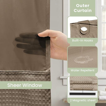 Inhousolu Extra Long No Hook Shower Curtain with Snap in Fabric Liner Set Waffle Weave 230GSM Weighted Hem, Waterproof & Washable Bathroom Curtain Spa Luxury with Mesh Top Window 72" W x 84" L Beige