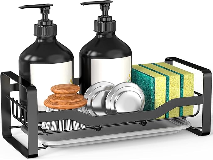 Sink Caddy Sponge Holder,Sponge Holder for Kitchen Sink,Kitchen Sink Organizer for Soap Brush Dispenser,Countertop Sink Caddy Organizer with Removable Drain Tray