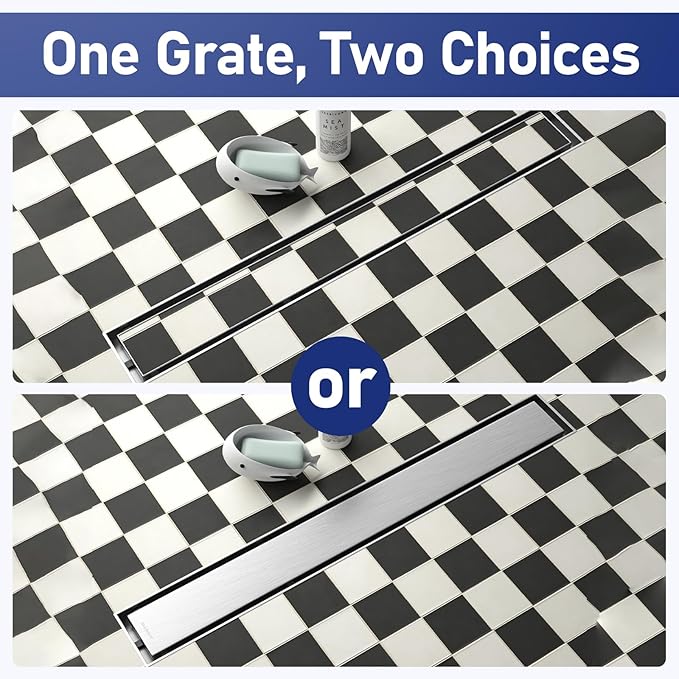 Linear Shower Drain 24", Brushed Floor Drain with Tiled Insert Grate & Hair Strainer, 304 Stainless Steel Bathroom 2-in-1 Tiled in Drain, CUPC Certified (Brushed, 24'')