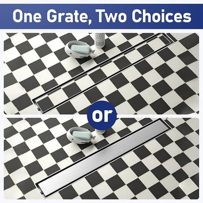 Linear Shower Drain 24", Brushed Floor Drain with Tiled Insert Grate & Hair Strainer, 304 Stainless Steel Bathroom 2-in-1 Tiled in Drain, CUPC Certified (Brushed, 24'')