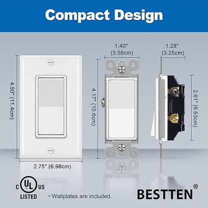 BESTTEN 10 Pack 3-Way Decorator Wall Light Switch with Wallplate, 15A 120V/277V, Single Pole or Three Way, On/Off Paddle Rocker Interrupter, UL Listed, White
