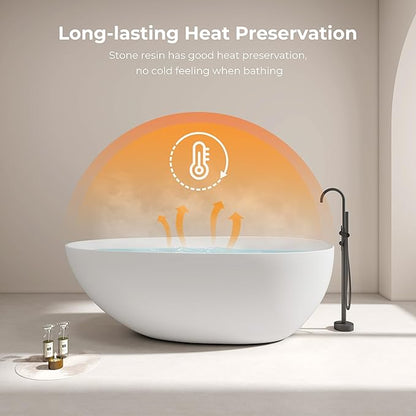 Premium 67'' Solid Surface Freestanding Bathtub, Upgraded Oval Shape Stone Resin Soaking Tub with Drain and Overflow, Matte White