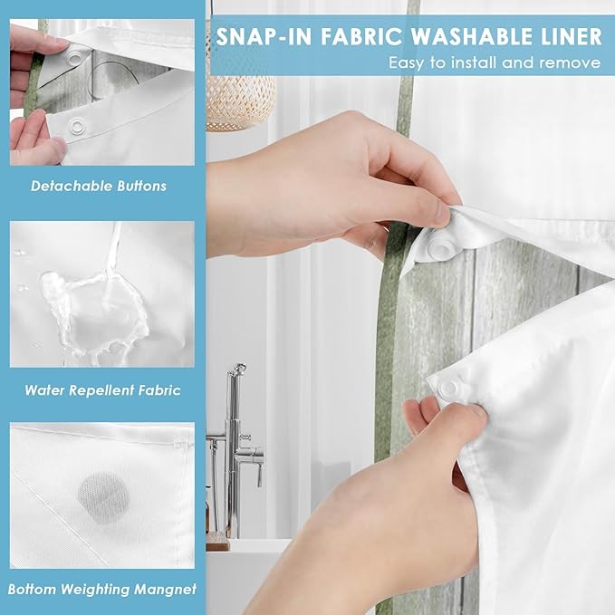 No Hook Daisy and Butterfly Shower Curtain with Snap in Fabric Liner Set, Green Rustic Farmhouse Double Layers Waterproof Fabric with See Through Top Window Open Grommet Bath Curtain 71x86 Inch