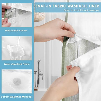 No Hook Daisy and Butterfly Shower Curtain with Snap in Fabric Liner Set, Green Rustic Farmhouse Double Layers Waterproof Fabric with See Through Top Window Open Grommet Bath Curtain 71x74 Inch