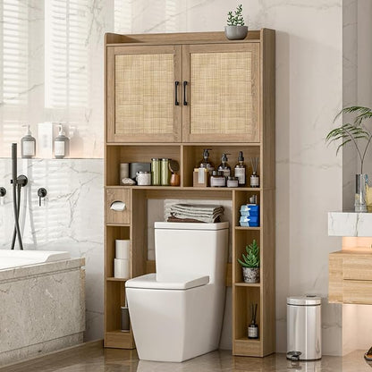 Over The Toilet Storage Cabinet, Farmhouse Toilet Cabinet Rack with Barn Doors, Space Saving Bathroom Organizer with Shelves,Toilet Paper Holder and Towel Rack for Bathroom,Restroom,Laundry,Rattan Oak