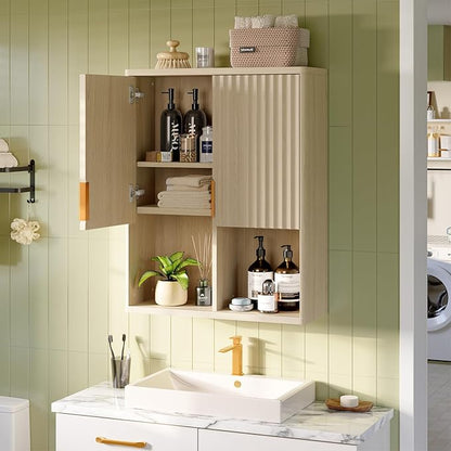 Bestier Fluted Bathroom Wall Cabinet Over The Toilet Storage, 23"x 29" Medicine Cabinet with Adjustable Shelf, Laundry Cabinet Wall Mounted and Kitchen Storage Cabinet(Natural Oak)