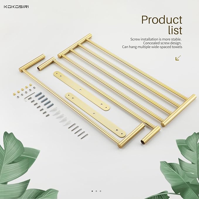 KOKOSIRI 3 Tier Bath Towel Rack 24 Inch Wall Mounted Rack with Towel Bars Towel Shelf with Single Towel Bar Bathroom Ladder Brushed Gold B5003BG
