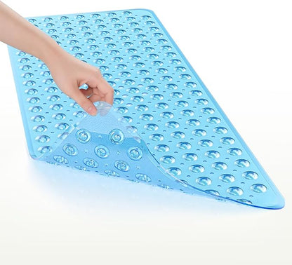 AmazerBath Shower Mat Non Slip 40 x 16 Inches, Bathtub Mat Shower Stall Mats with Suction Cups and Drain Holes, Non Slip Bath Mat for Tub for Elderly & Kids, Clear Blue