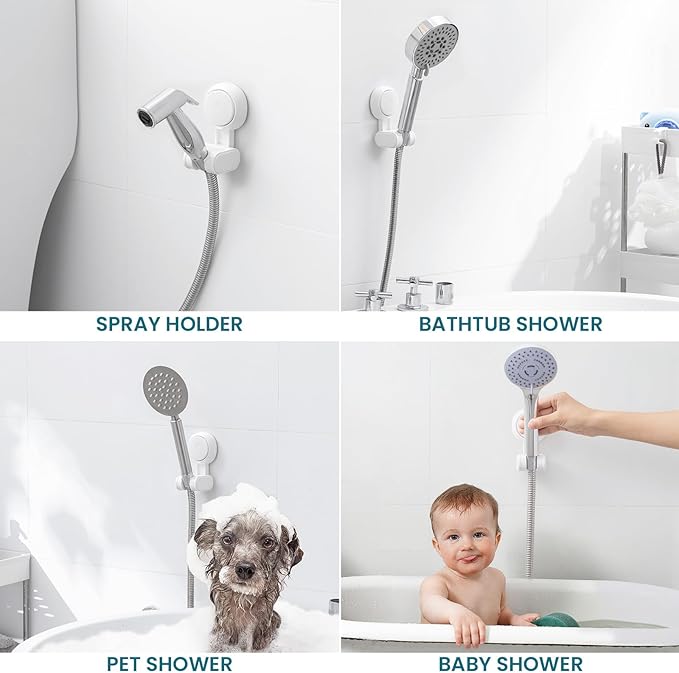 TAILI Shower Head Holder Suction Cup, handheld Shower Head Bracket, Height Angle Adjustable Wall Mounted, Bathroom Showerhead Holder No Drilling Removable Waterproof, White