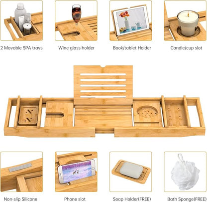 Bamboo Bathtub Tray for Luxury Bathroom, Expandable Premium Bath Tray w/Soap Towel Book Holder, Adjustable Bath Accessories for Tub,Extendable Tub Tray w/Wine Glass Cup Organizer 29.5"-43.3" Nature