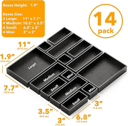 SpaceAid 14-Piece Bamboo Drawer Organizer Storage Boxes Set, Wood Tray Junk Drawer Organizers Multi-Use Divider Bins for Kitchen, Bathroom, Office Desk and Makeup Organization (14 Pack, Black)