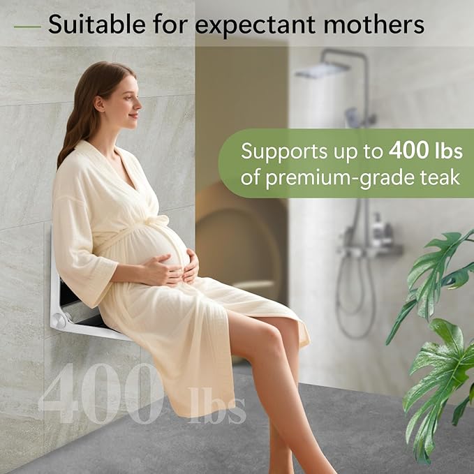 Wall Mounted Shower Seat - 16IN Teak Fold Down Shower Seat for Elderly, Disabled & Pregnant Women - Sturdy Shower Benches for Inside Shower with 400LB Capacity- 2025 Premium Black Shower Bench