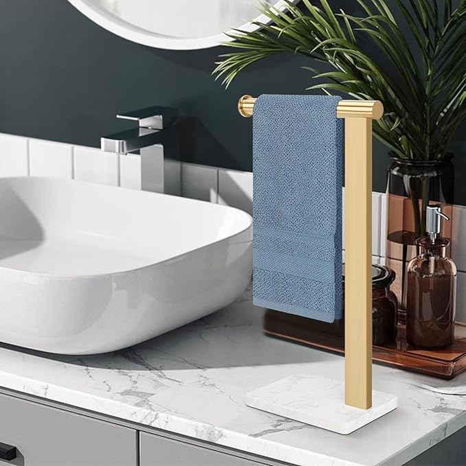 Stainless Steel L-Shaped Hand Towel Holder, SUS304 Bathroom Towel Rack with Thickened Base for Countertop Vanity (Gold, Square Base)
