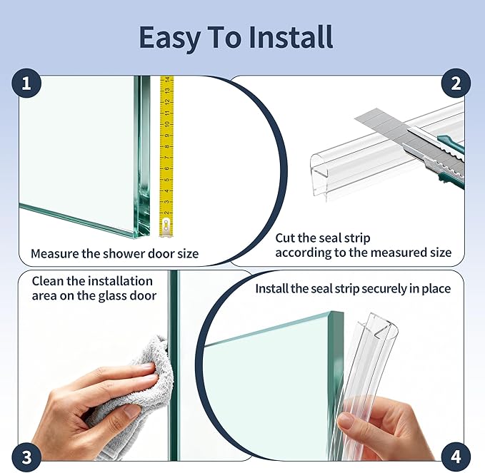 4PCS 39" Glass Shower Door Seal Strip, Shower Door Side Seal Strip for 3/8" (10mm) Frameless Glass, Ultra-Clear PVC Waterproof Door Bottom Seal, Easy to Install, No Adhesive Needed