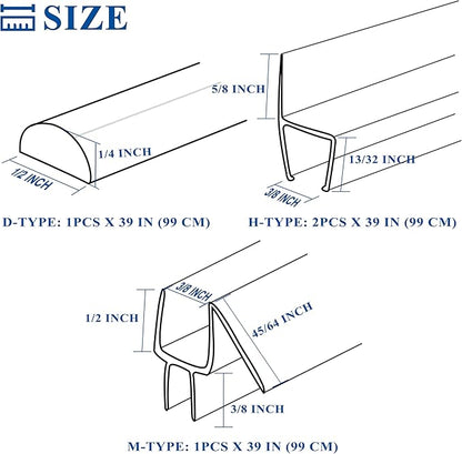 Frameless Shower Door Seal Set, 4 Pack x 39" HDM Glass Shower Door Bottom Seal Side Seal Strip Door Sweep for 3/8" Glass, Ultra-Clear Polycarbonate, Stop Shower Leaks Create A Water Barrier