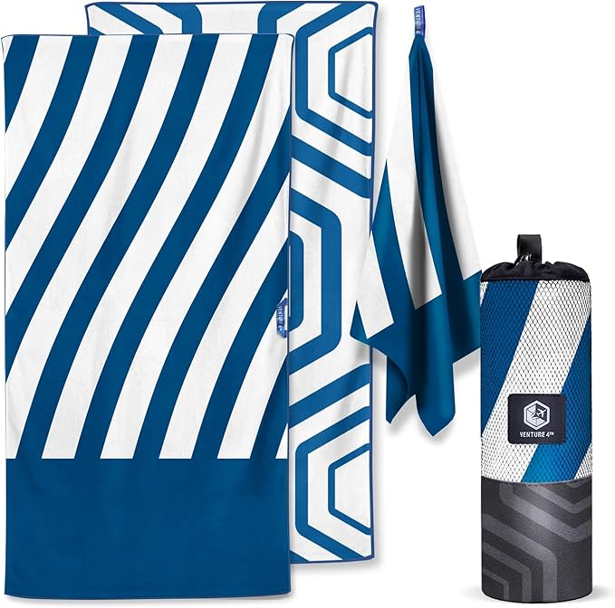 VENTURE 4TH Microfiber Beach Towel: Quick-Dry, Compact, Sand-Free, Absorbent, Sandproof and Lightweight - Perfect for Camping, Beach, and Roadtrips (Dark Blue Stripes Design | 35x78 inches)