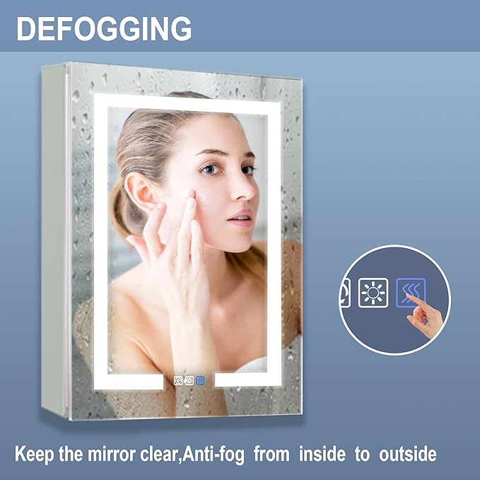 GroGro LED Lighted Bathroom Medicine Cabinet with Mirror,24" W x 30" H Medicine Cabinet with Lights,Surface or Recessed Mounting,Defog,Dimming,3-Color Temperature Adjustment