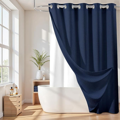 River Dream Hotel Grade No Hooks Needed Shower Curtain with Snap in Liner,Water Repellent, Machine Washable (Navy Blue, 71"x74"(W/Liner))