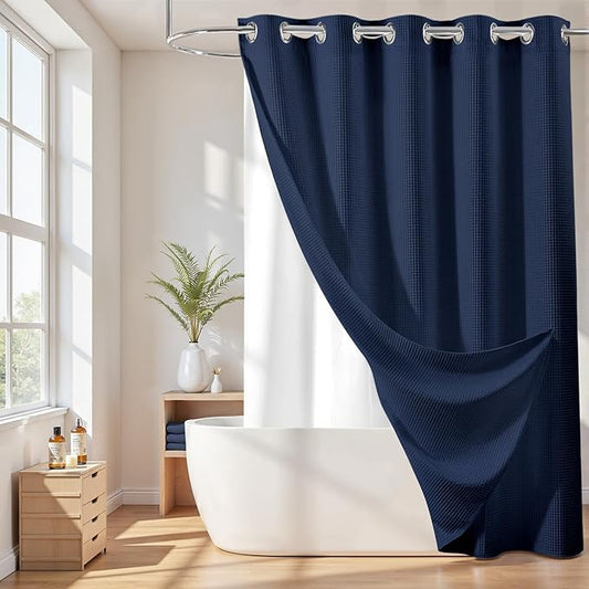 River Dream Hotel Grade No Hooks Needed Shower Curtain with Snap in Liner,Water Repellent, Machine Washable (Navy Blue, 71"x74"(W/Liner))