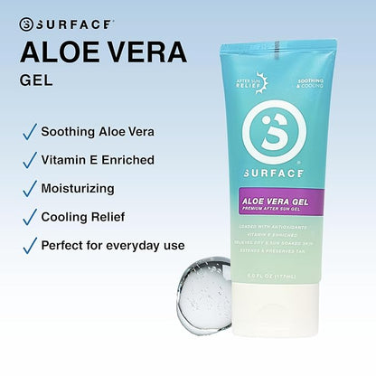 Surface Aloe Vera Gel, Sunburn Relief and After Sun Care, Cooling Hydrating Gel for Face and Body, Non-Greasy Fast-Absorbing Moisturizer for Post Sun Exposure, After Run or Outdoor Recovery