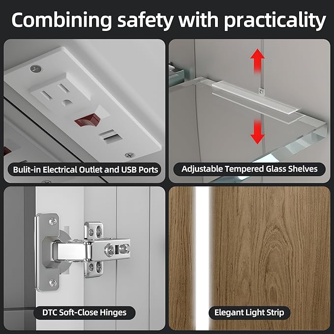 Medicine Cabinet with LED Lights and Mirror, 16 x 24 Inch Surface or Recessed Mounted Bathroom Cabinet with Door, Defogger, Memory Function, 3-Color Mode, Outlet&USB, Dimmer, Storage Shelf