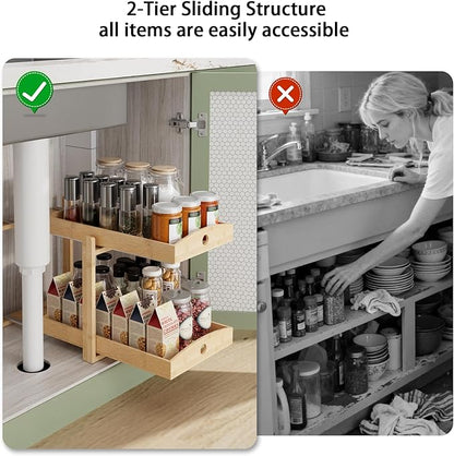 Bamboo Wood Under Sink Organizer 1 Pack, Pull Out Cabinet Organizer 2 Tier Under Sink Organizers and Storage with Sliding Drawer Sturdy Easy Assembly for Kitchen Bathroom Undersink (Nature, 2 Packs)