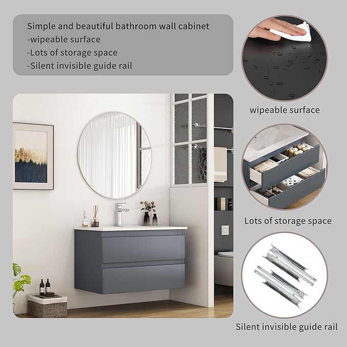 32" Wall Mounted Bathroom Vanity with Sink, Modern Dark Grey Floating Cabinet, Solid Plywood with Round Edges, 2 Soft Close Drawers, Handleless Design, Ceramic Top