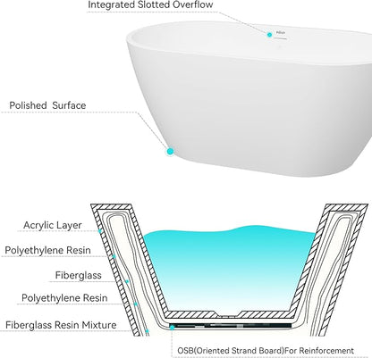 FerdY Bali 55" Freestanding Bathtub, Glossy White Freestanding soaking tub with Polished Gold Drain & Integrated Slotted Overflow, cUPC Certified…