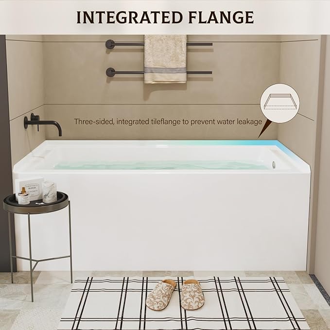 60 Inch Alcove Soaking Bathtub, Rectangular Acrylic Tub with Integral Apron, Left Drain, Glossy White Finish, Brushed Nickel Pop-Up Drain, Contemporary Recessed Bathtub for Bathroom Upgrade