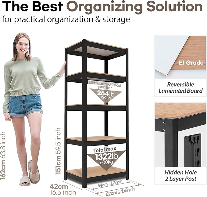 HOMEDANT House 24.4" W 5 Tier Heavy Duty Garage Shelving Adjustable Metal Rack Storage Shelves Standing Shelf Unit Organizers Pantry Closet Office Black 1Pack
