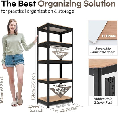 HOMEDANT House 24.4" W 5 Tier Heavy Duty Garage Shelving Adjustable Metal Rack Storage Shelves Standing Shelf Unit Organizers Pantry Closet Office Black 1Pack