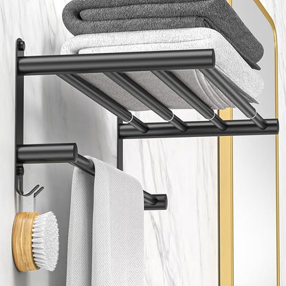 Black Adjustable Towel Bar for Bathroom Wall Mount17-30.7inch Adhesive Shower Towel Rack Stainless Steel Bath Towel Holders for Toilet Kitchen Double Towel Hanger (Black 2-Layer Towel Rack)