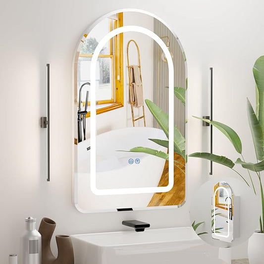 LED Arched Bathroom Medicine Cabinet with Mirror, No Assembly Needed, Recessed or Surface Mount Wall Storage Cabinet, Mirror Cabinet with Tissue Slot (Bevel-LED, 31.5" L x 19.7")