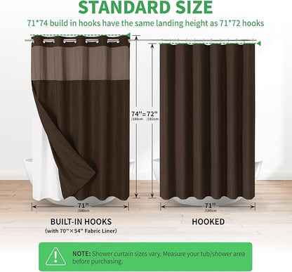 No Hooks Needed Linen Textured Shower Curtain with Snap-in Fabric Liner Set,Hotel Luxury Decor Shower Curtains for Bathroom with Mesh Top Window,Waterproof & Washable,71Wx74H,Brown